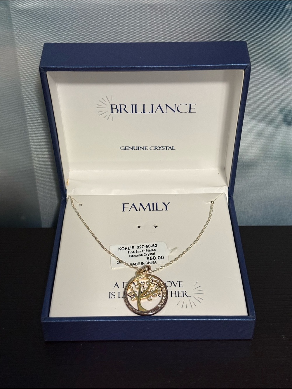 Brilliance Family Tree necklace genuine crystal fine silver plated two tone. NIB